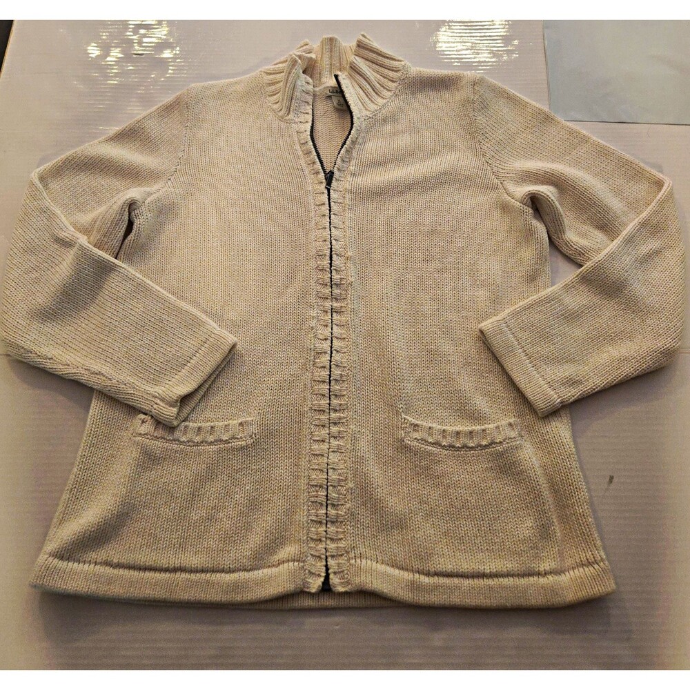 L.L.Bean Women’s M Petite Full Zip Cardigan Sweater White Chunky Knit Pockets